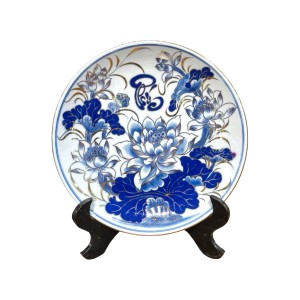 Mâm bồng men lam vẽ vàng Vạn Phúc Trường An 25cm